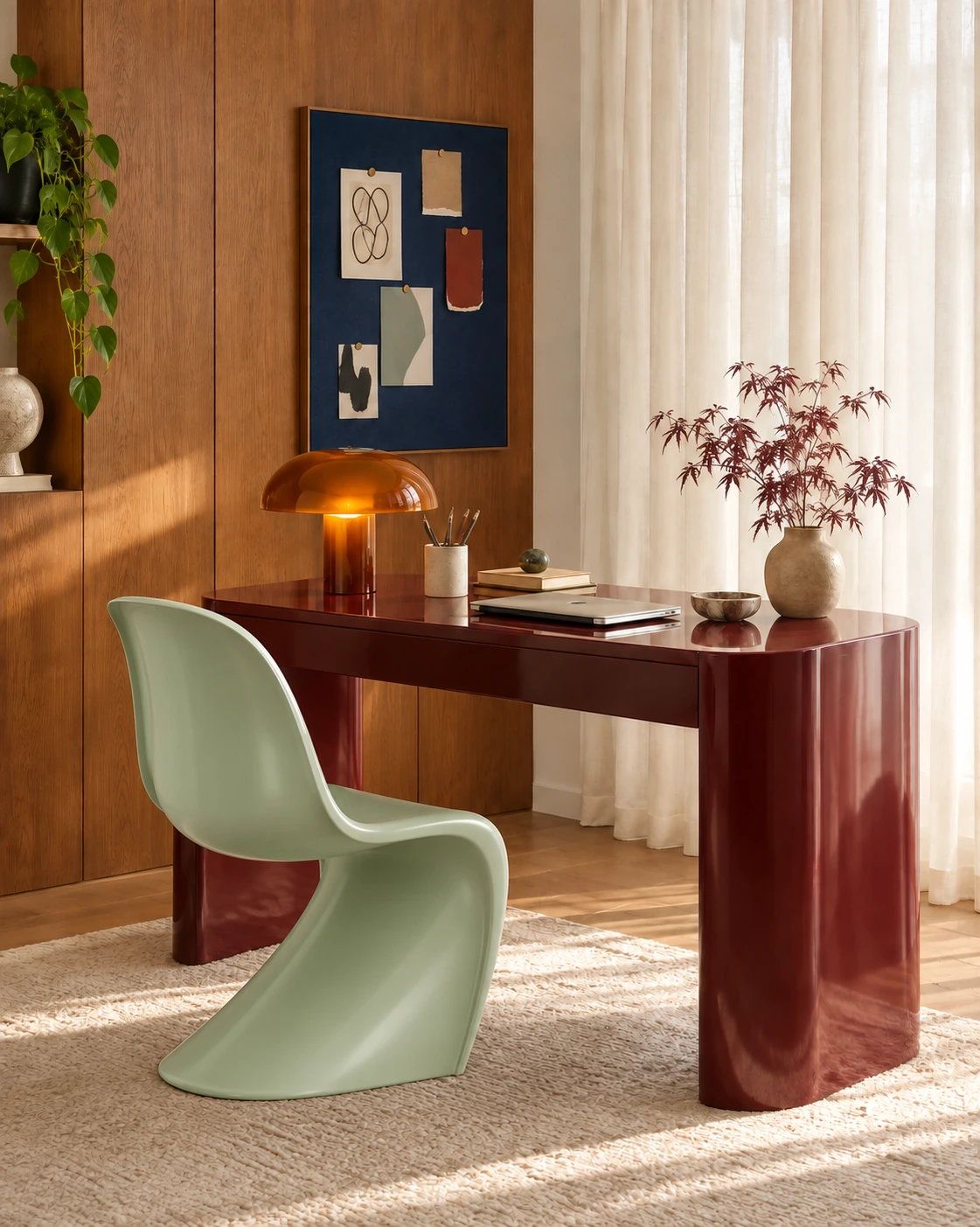 Bordo lake masa ve mint sandalye ile özgün çalışma alanı